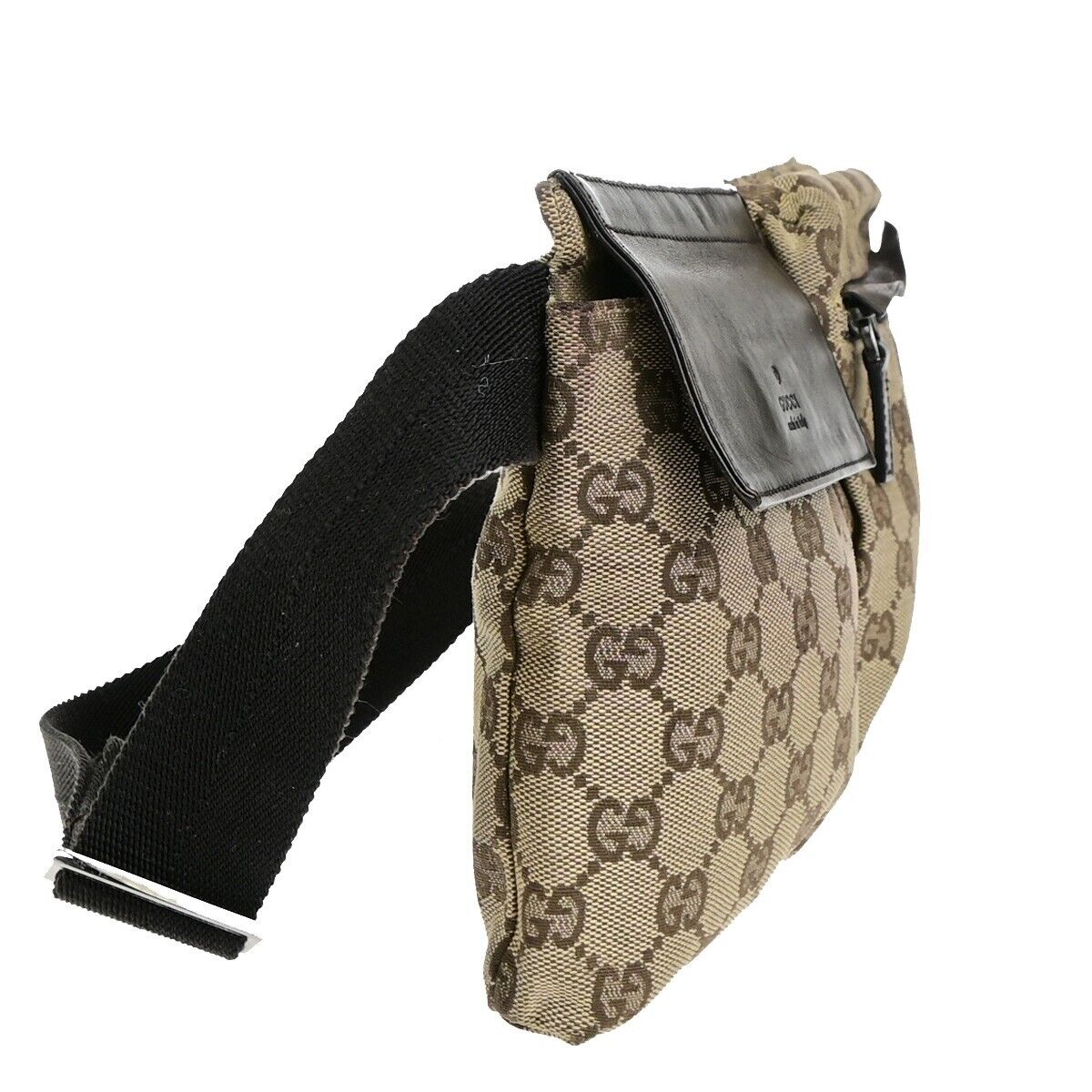 GUCCI Logo GG Pattern Bum Bag Belt Canvas Leather Brown Silver Italy 30ED208