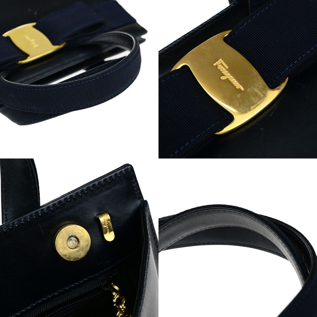 SALVATORE FERRAGAMO Vara Hand Bag Canvas Leather Navy Blue GHW Italy 66EB622