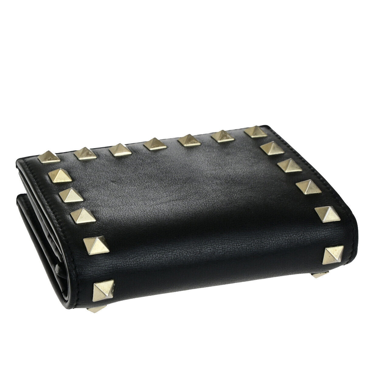 VALENTINO Logo Studs Compact Bifold Wallet Purse Leather Black GHW Italy 69YF968