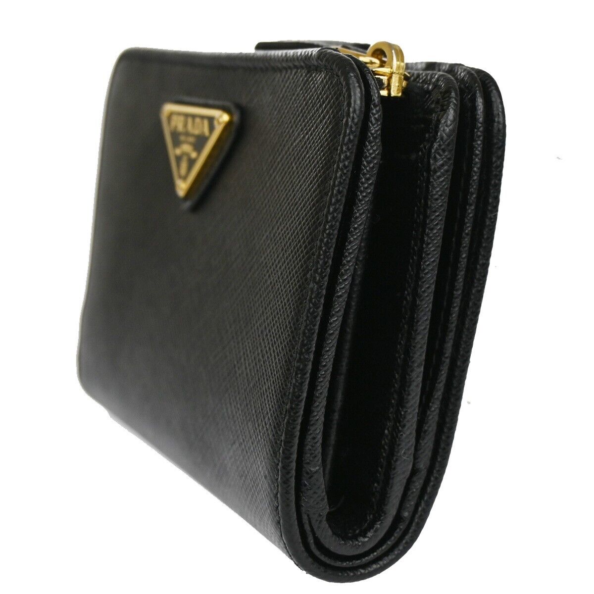 PRADA MILANO Bifold Wallet Purse Saffiano Leather Black Nero Gold Italy 86YD961