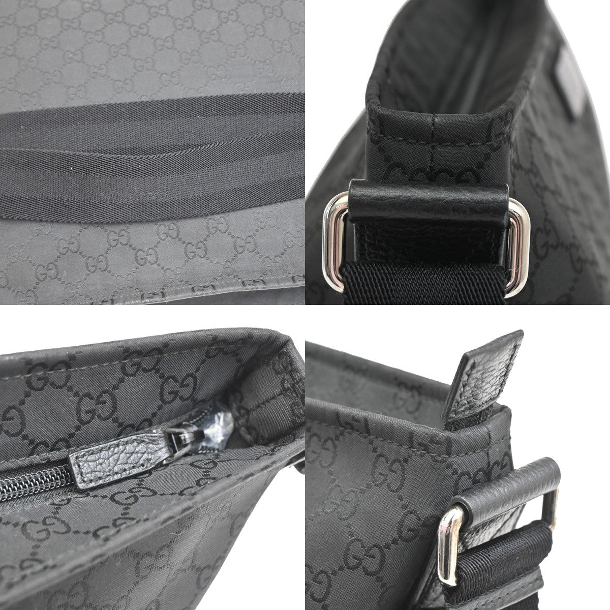 GUCCI Logo Sherry GG Pattern Shoulder Bag Nylon Leather Black SHW Italy 16YH280