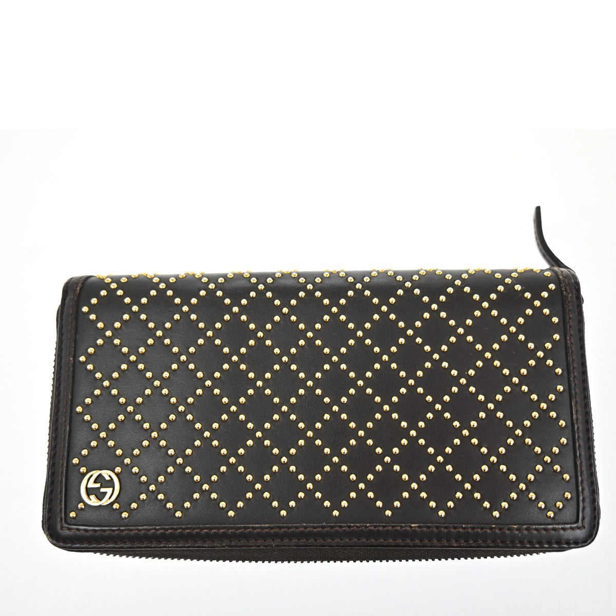 GUCCI Logo Diamante Studded GG Long Zipper Wallet Leather Brown Gold 62TA307