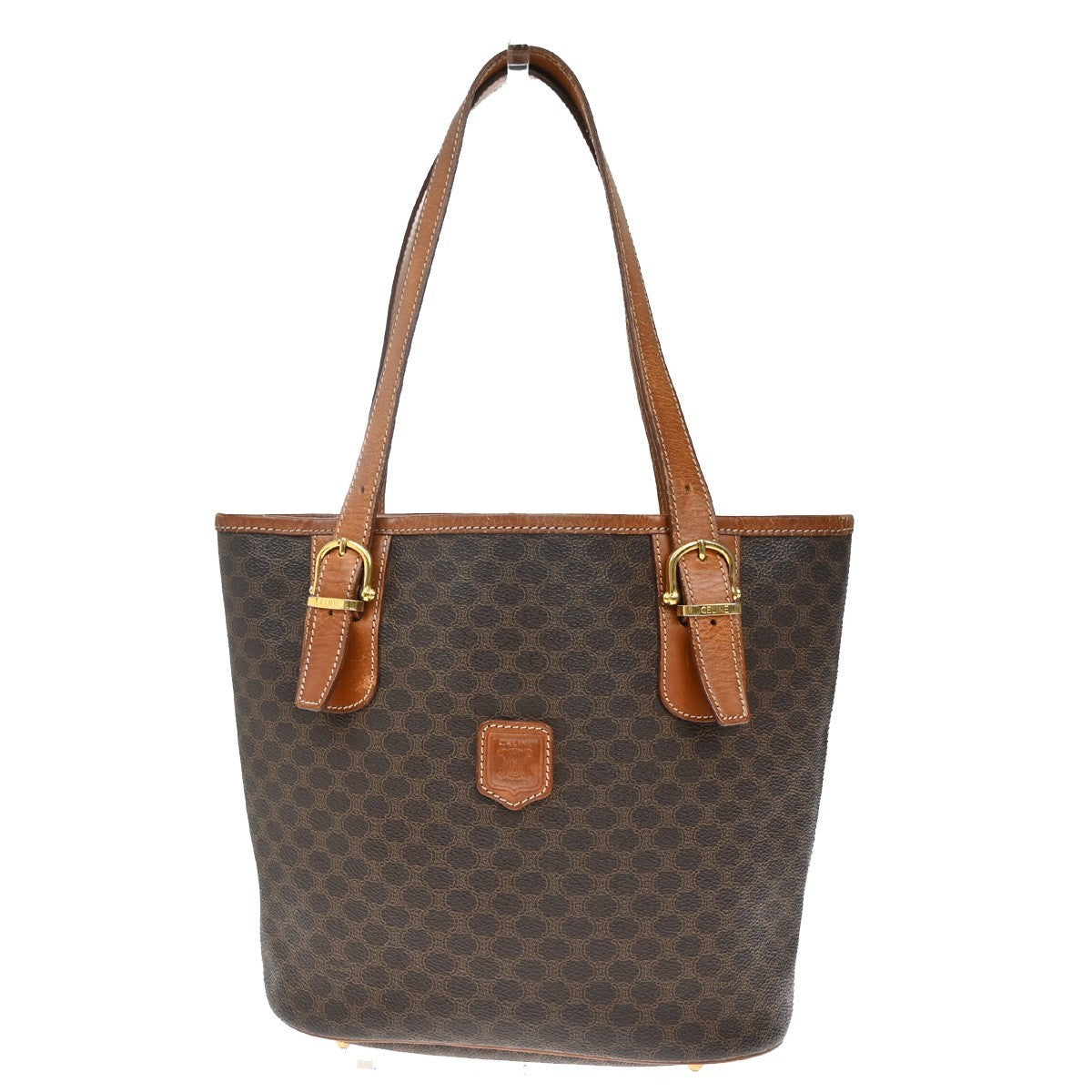 CELINE Logo Macadam Pattern Shoulder Tote Bag PVC Leather Brown GHW 67KP100