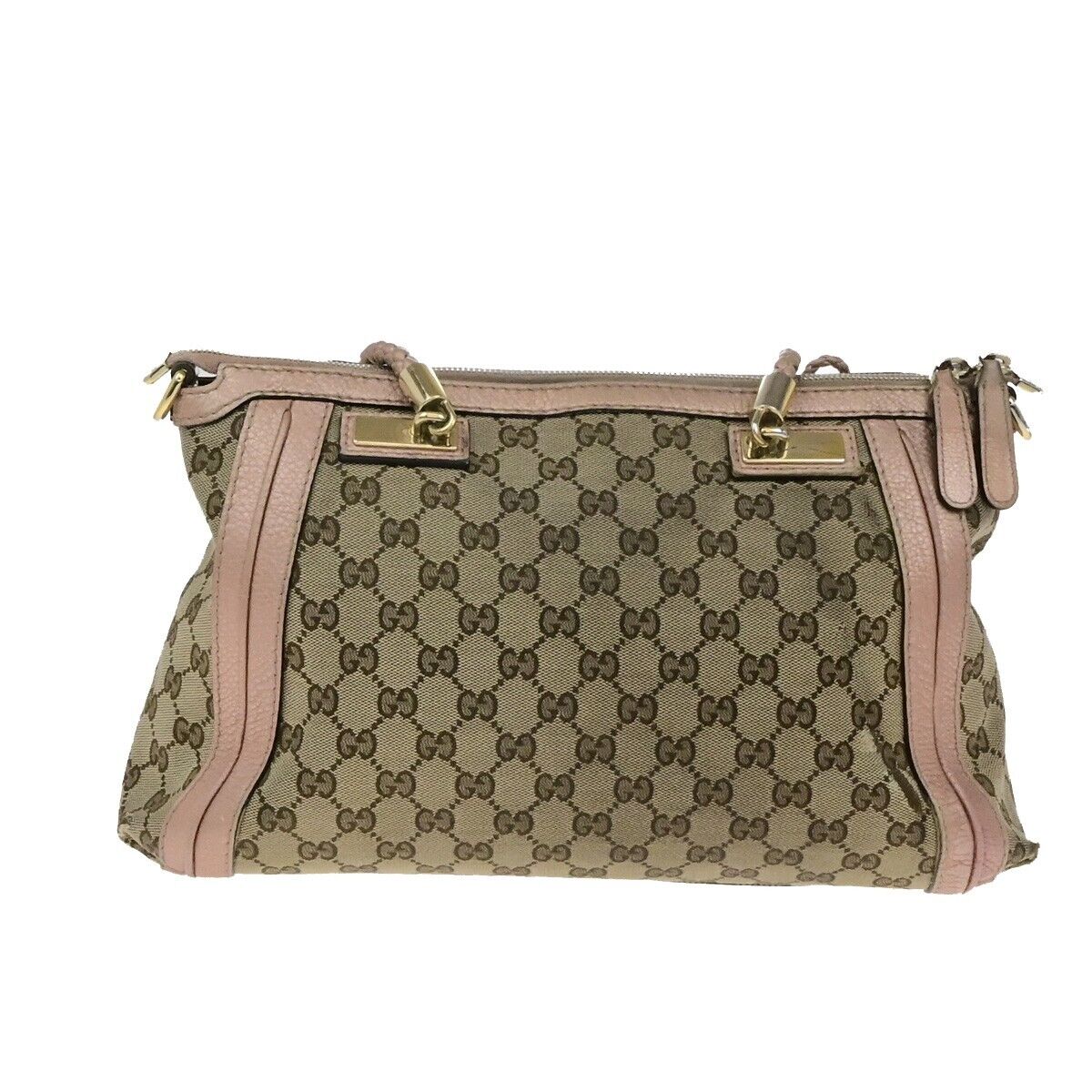 GUCCI Logo GG Pattern Shoulder Tote Bag Bamboo Canvas Leather Brown Pink 30EE118