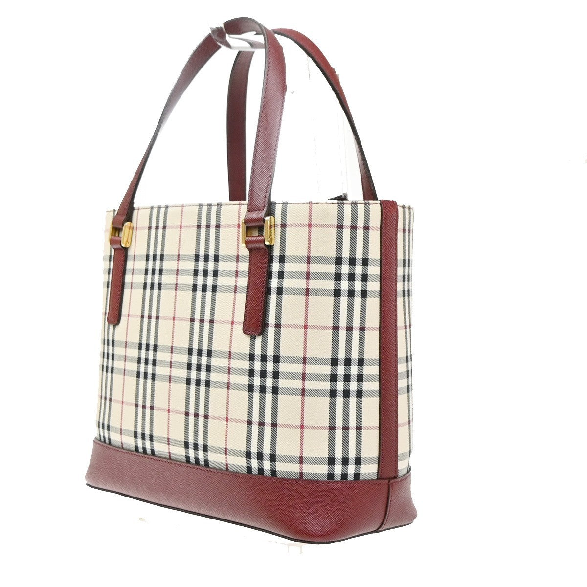 BURBERRY Logo Nova Check Hand Bag Canvas Leather Beige Red GHW 39RQ059