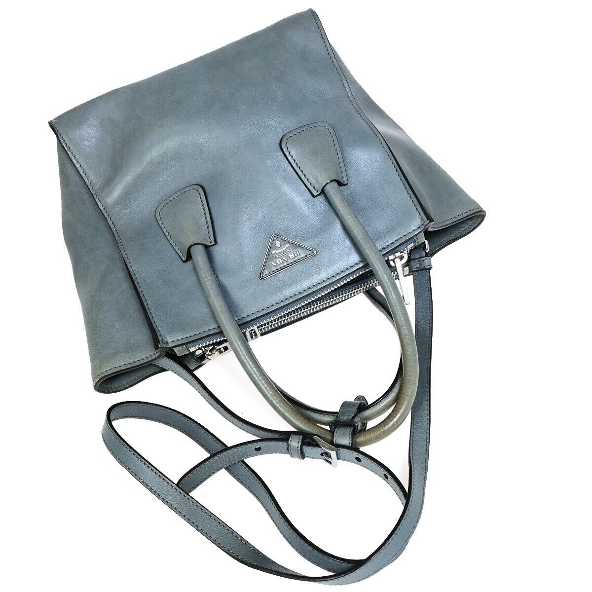 PRADA MILANO Logo 2Way Shoulder Hand Bag Leather Blue Silver Italy 88HC034