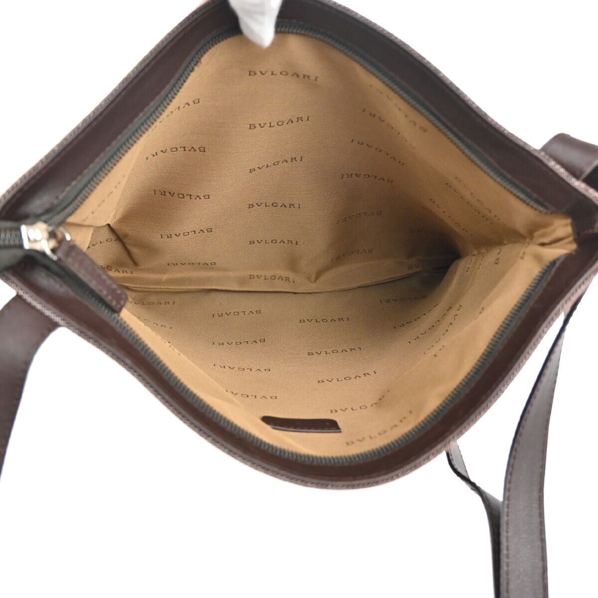 BVLGARI Logo MANIA Crossbody Shoulder Bag Canvas Leather Brown Silver 68DA075