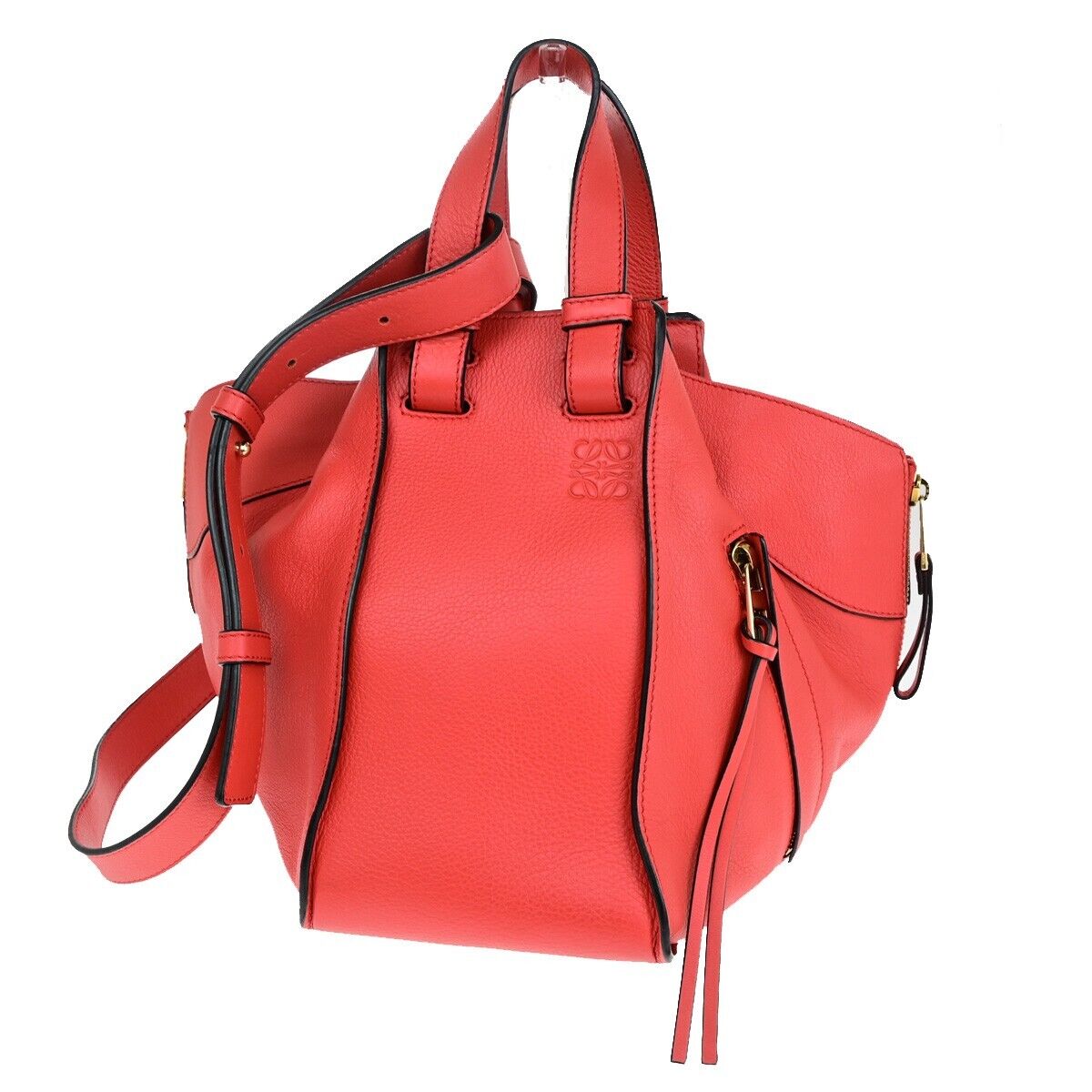 LOEWE Logo Hammock Small 2Way Shoulder Hand Bag Leather Red Gold 631RK103