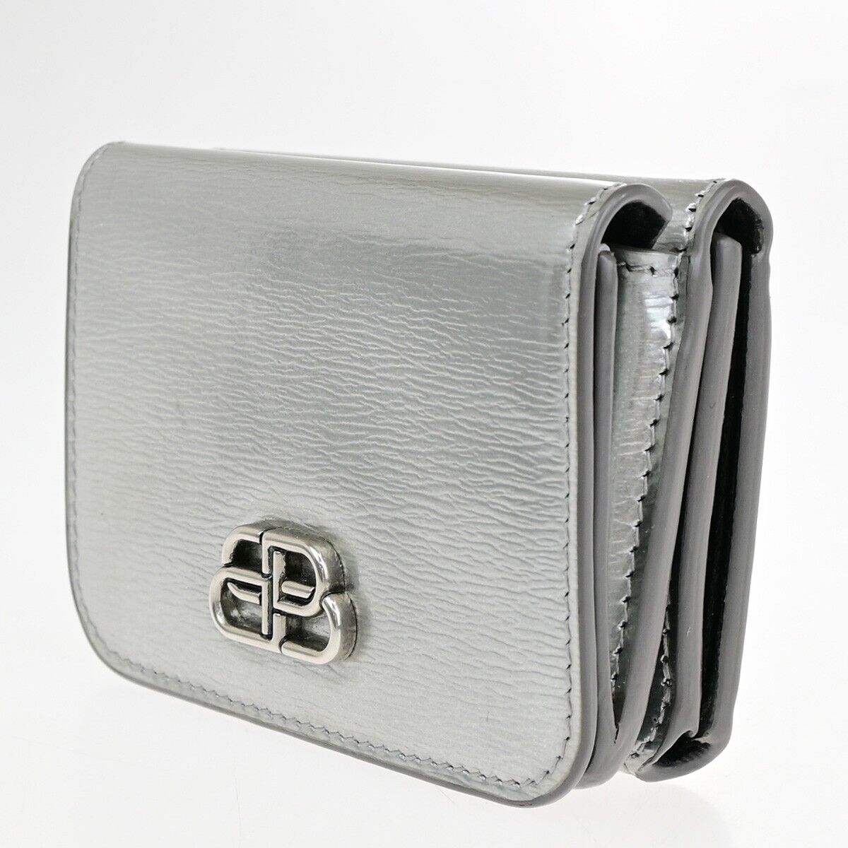 BALENCIAGA BB Logo Mini Trifold Wallet Purse Leather Silver Italy 30YF007