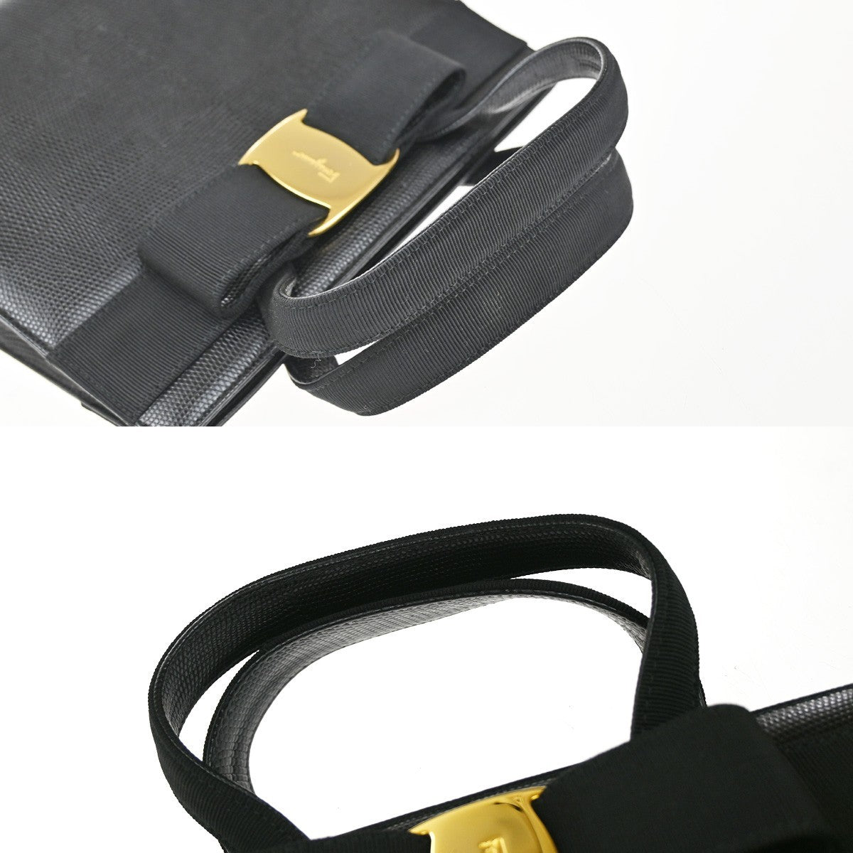 SALVATORE FERRAGAMO Logo Vara Hand Bag Embossing Leather Black Gold 62EG282