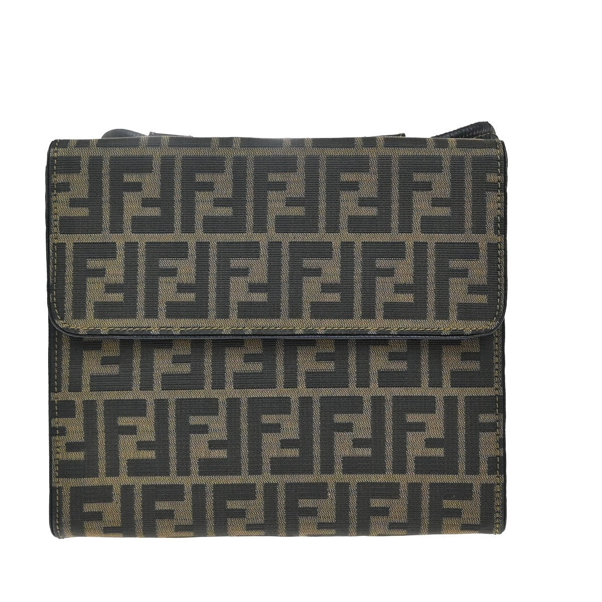 FENDI Logo Zucca Pattern Shoulder Bag Canvas Leather Brown Black GHW 76KP016