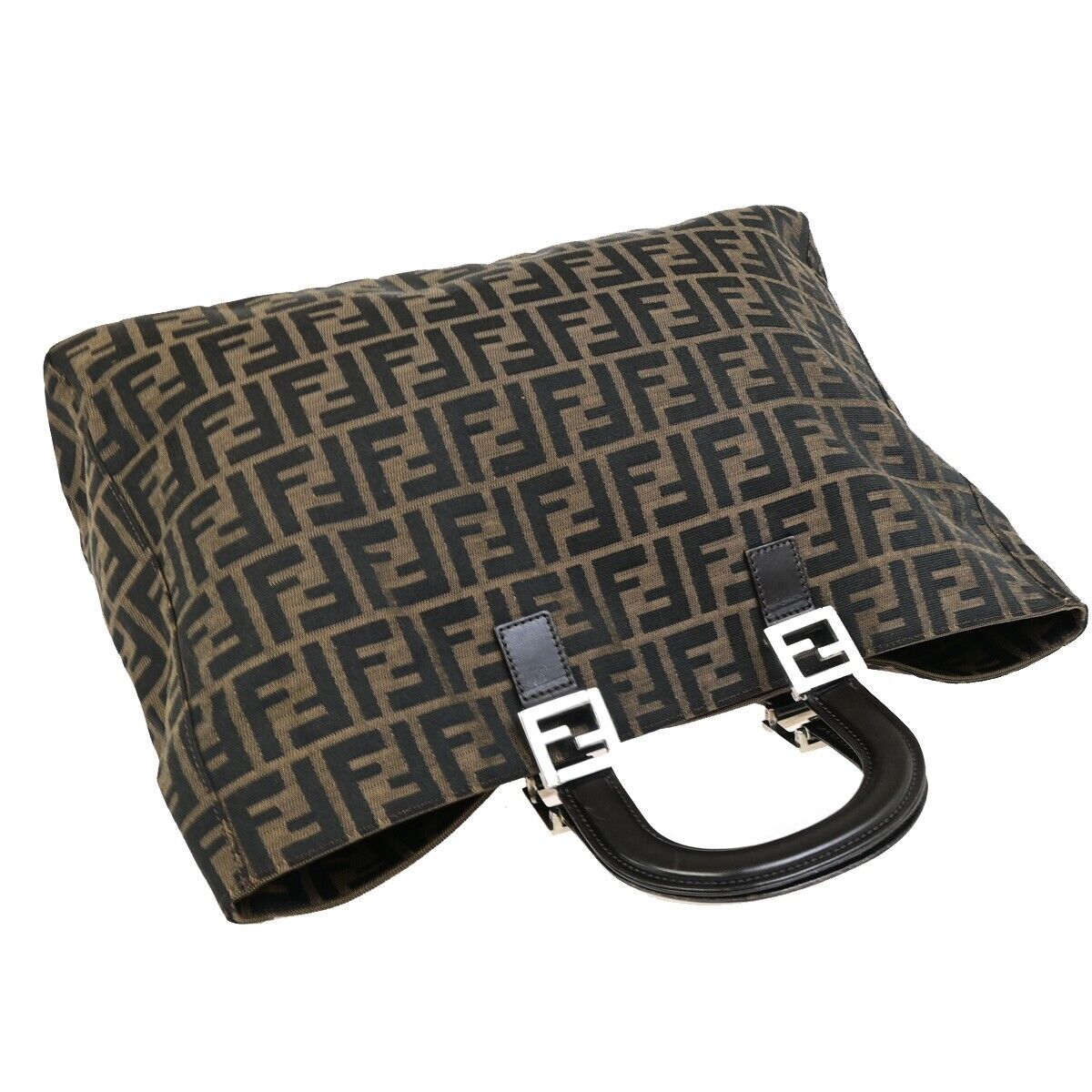 FENDI Logo Zucca Pattern Hand Tote Bag Canvas Leather Brown Silver Italy 98RF206