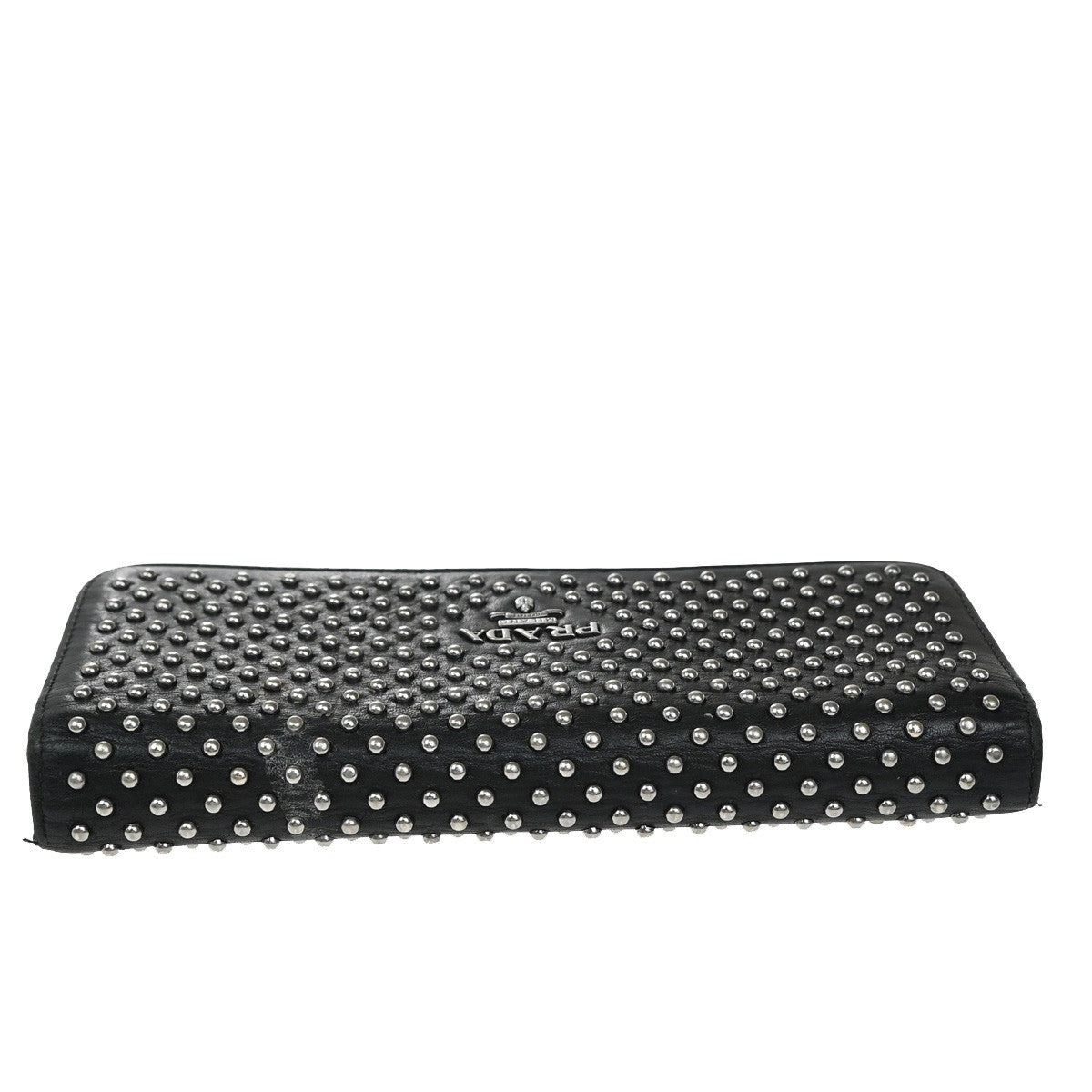 PRADA Studded Long Bifold Wallet Leather Black Silver Italy 02EG269