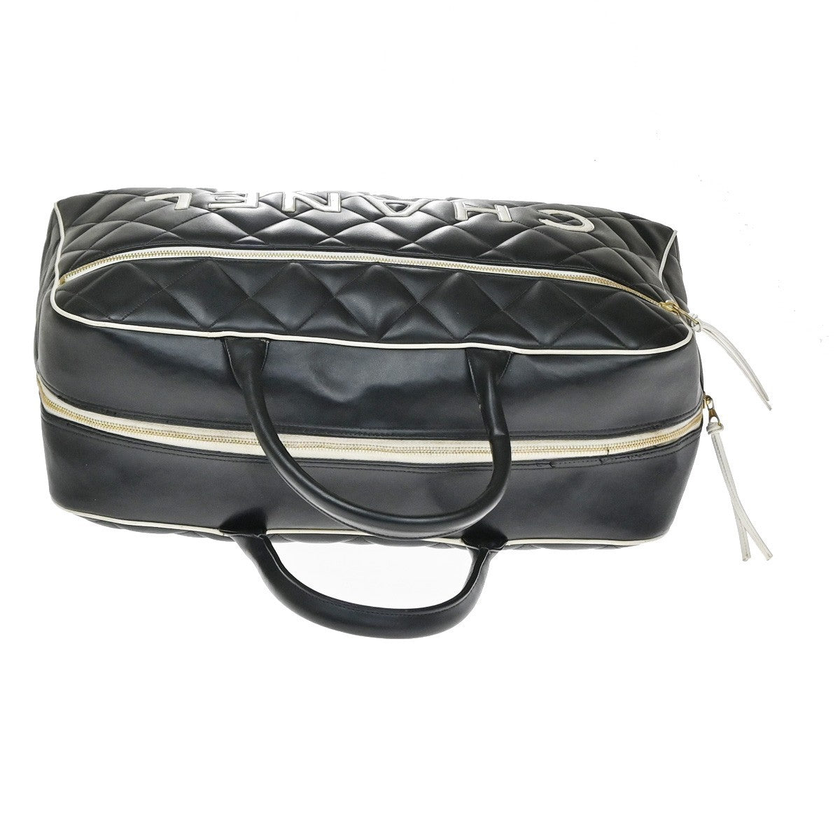 CHANEL Logo Matelasse Travel Boston Hand Bag Leather Black France 338RQ053