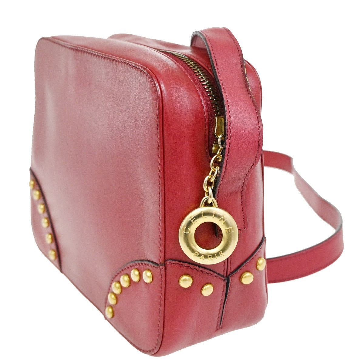 CELINE PARIS Logo Circle Studs Shoulder Bag Leather Red Gold Italy 62KP173
