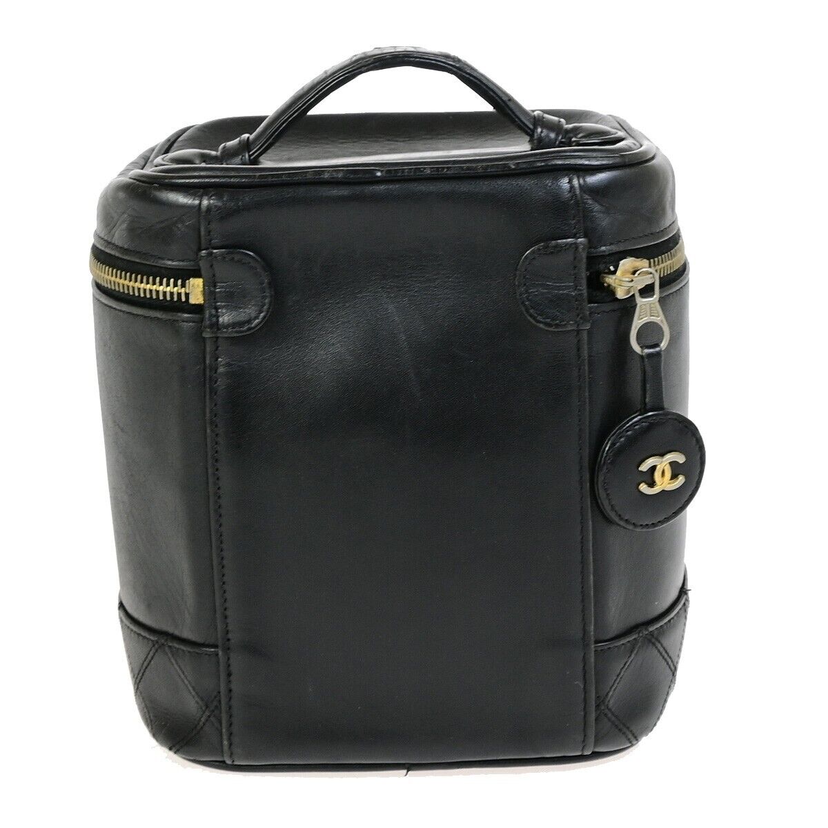 CHANEL CC Bicolore Vanity Cosmetic Hand Bag Leather Black GHW Italy 85FB314