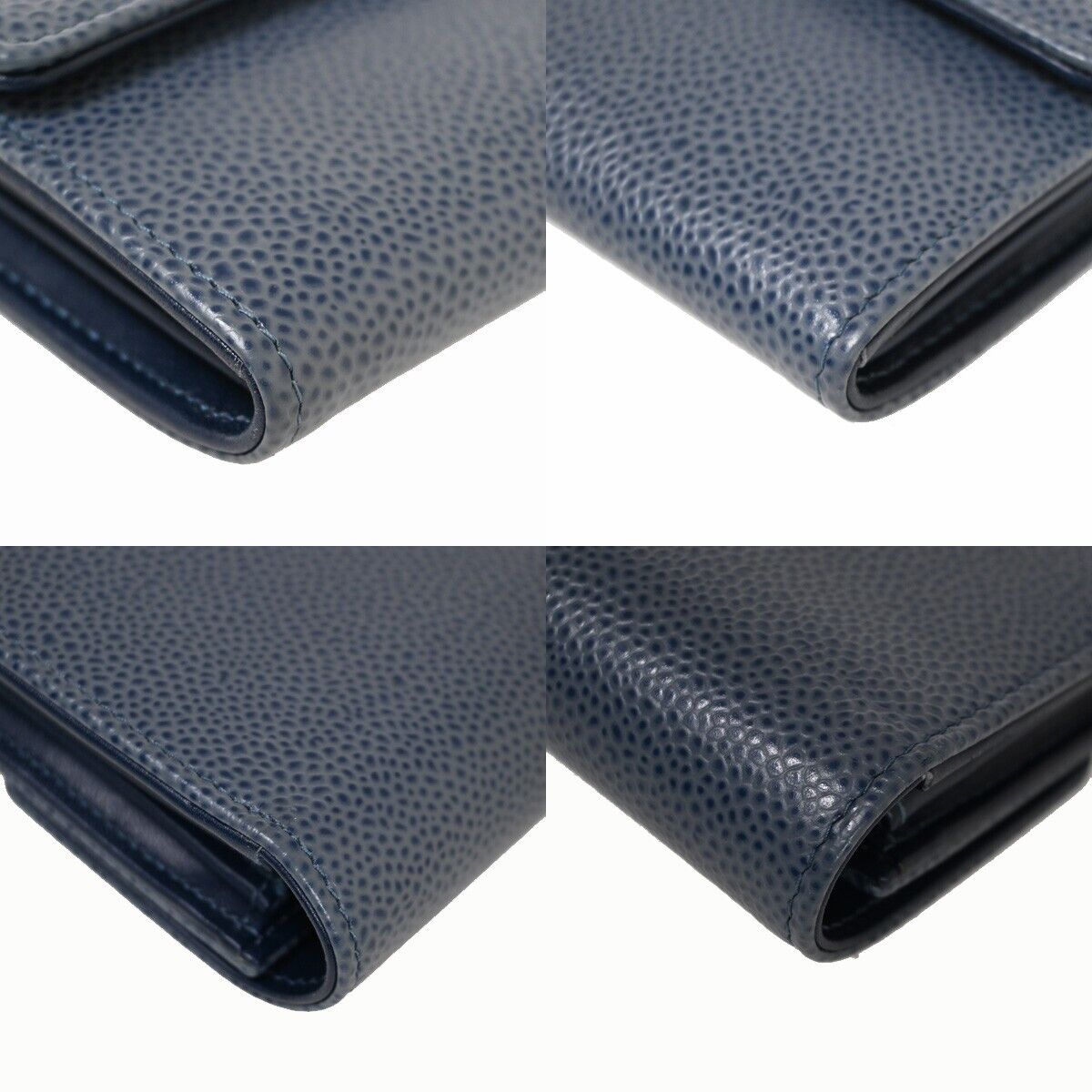 CHANEL CC Logo Long Wallet Purse Caviar Skin Leather Blue SHW 72RF120