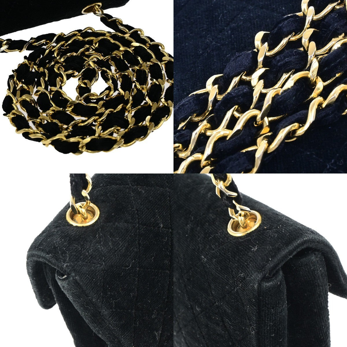 CHANEL Mini Matelasse Shoulder Bag Velvet Leather Black Gold Vintage 684RK894