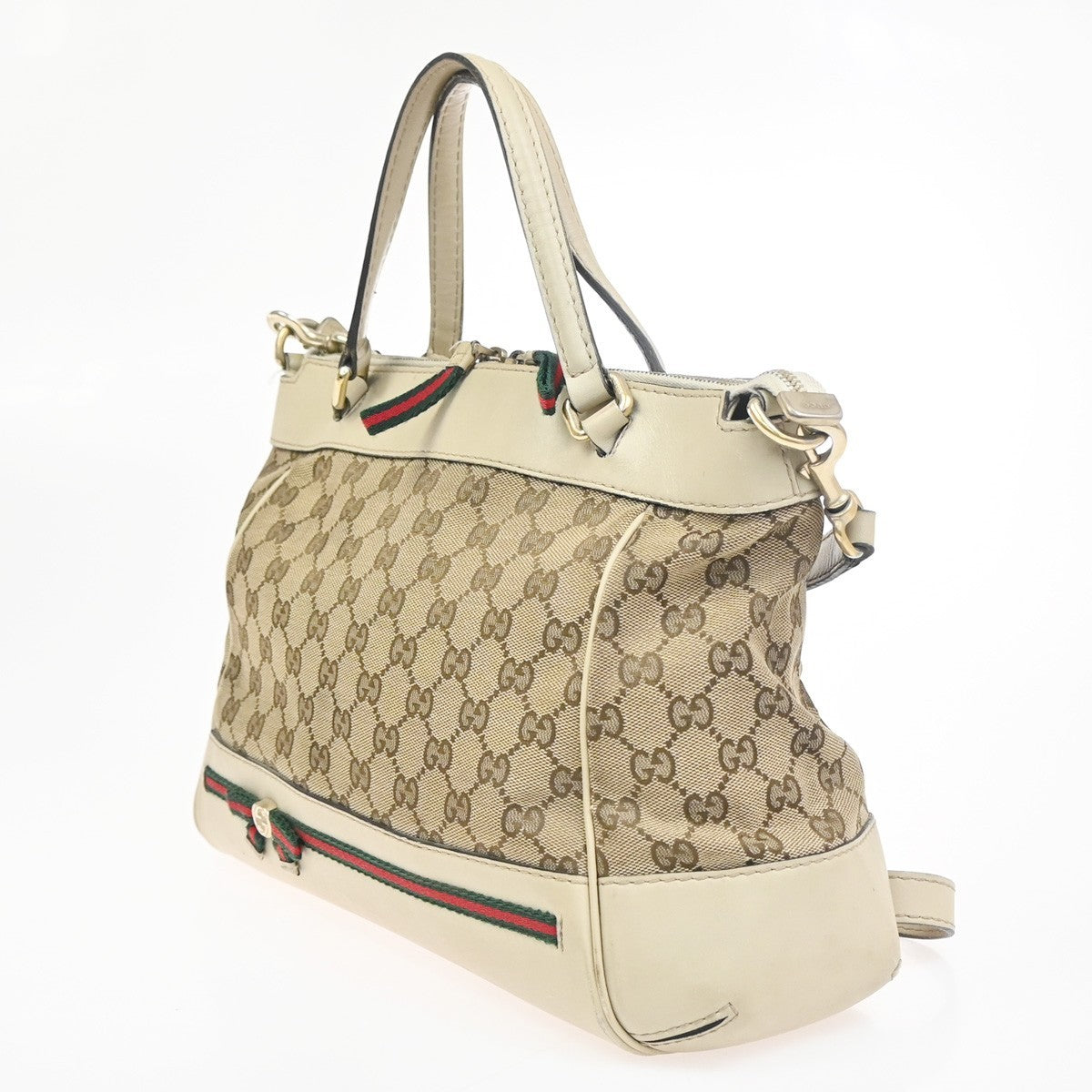 GUCCI GG Sherry Ribbon 2Way Shoulder Hand Bag Canvas Leather Ivory Italy 38KC760