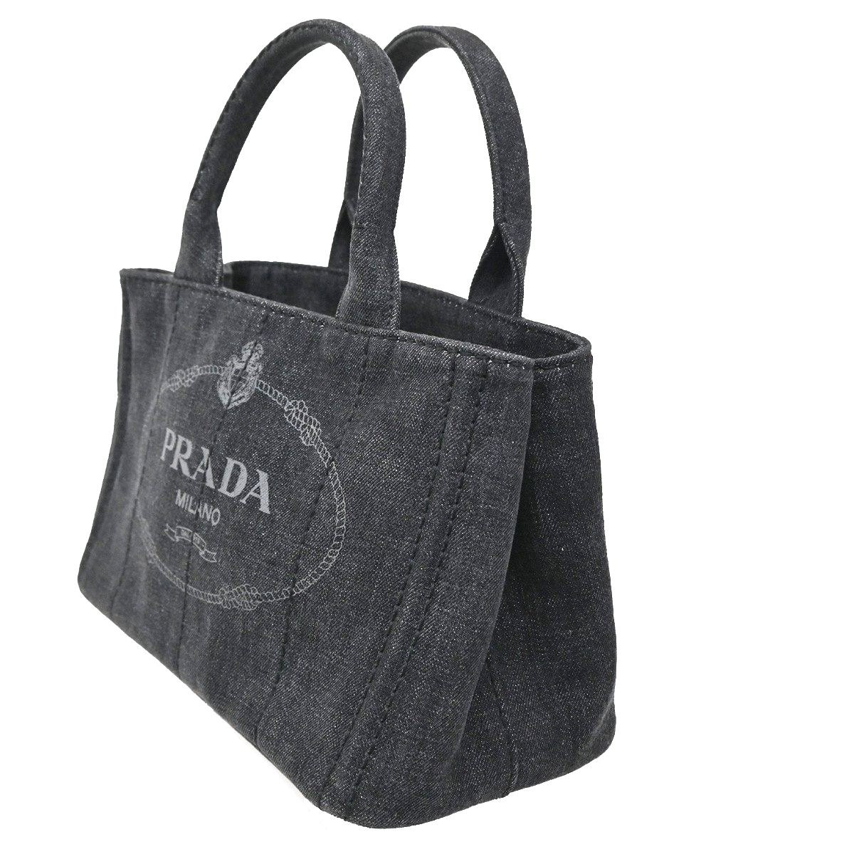 PRADA Milano Logo CANAPA Tote Hand Bag Denim Leather Black Gold Italy 73KC194