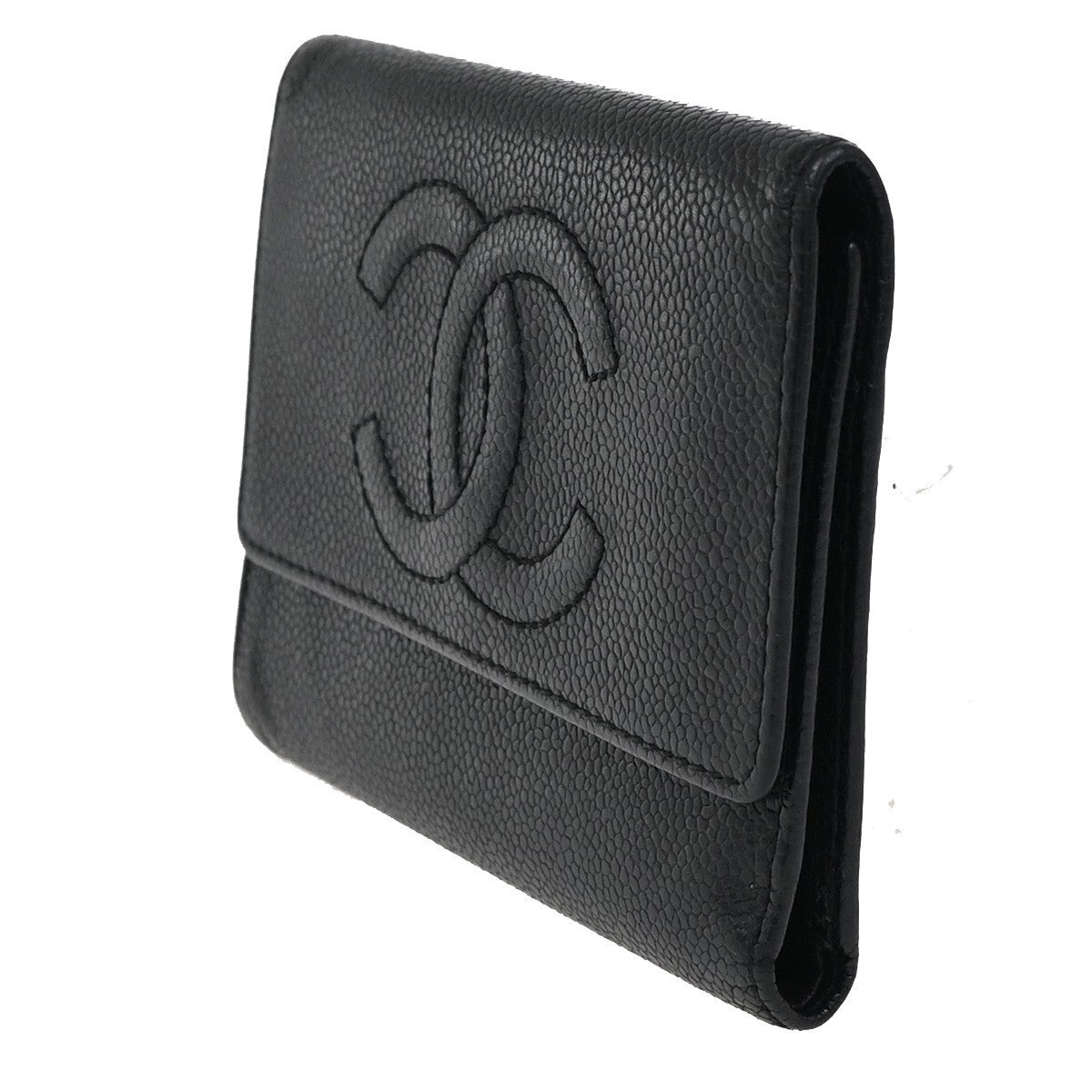 CHANEL CC Logo Trifold Compact WalletGrained Calfskin Leather Black 30EE284