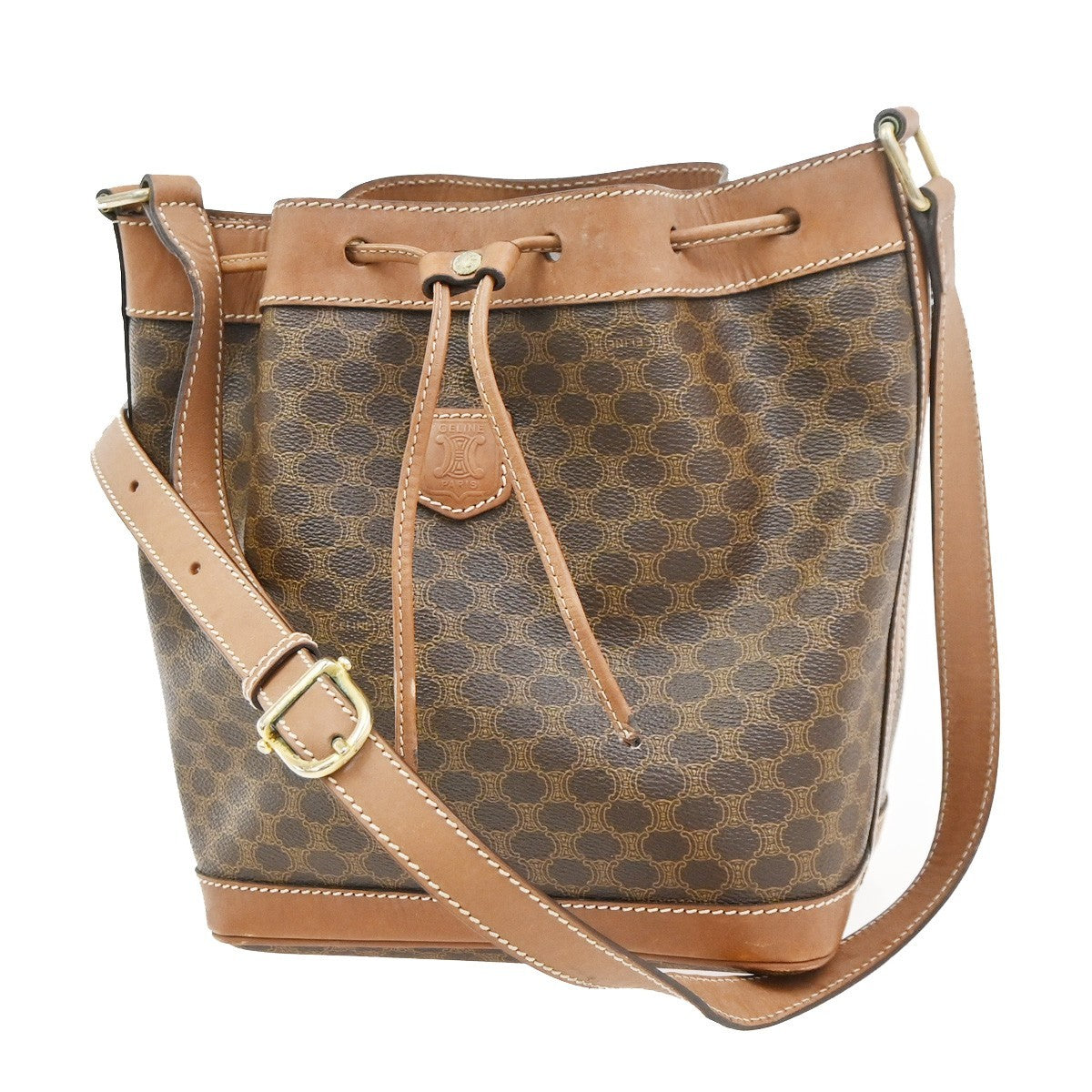 CELINE Macadam Pattern Drawstring Shoulder Bag PVC Leather Brown GHW 66CA994