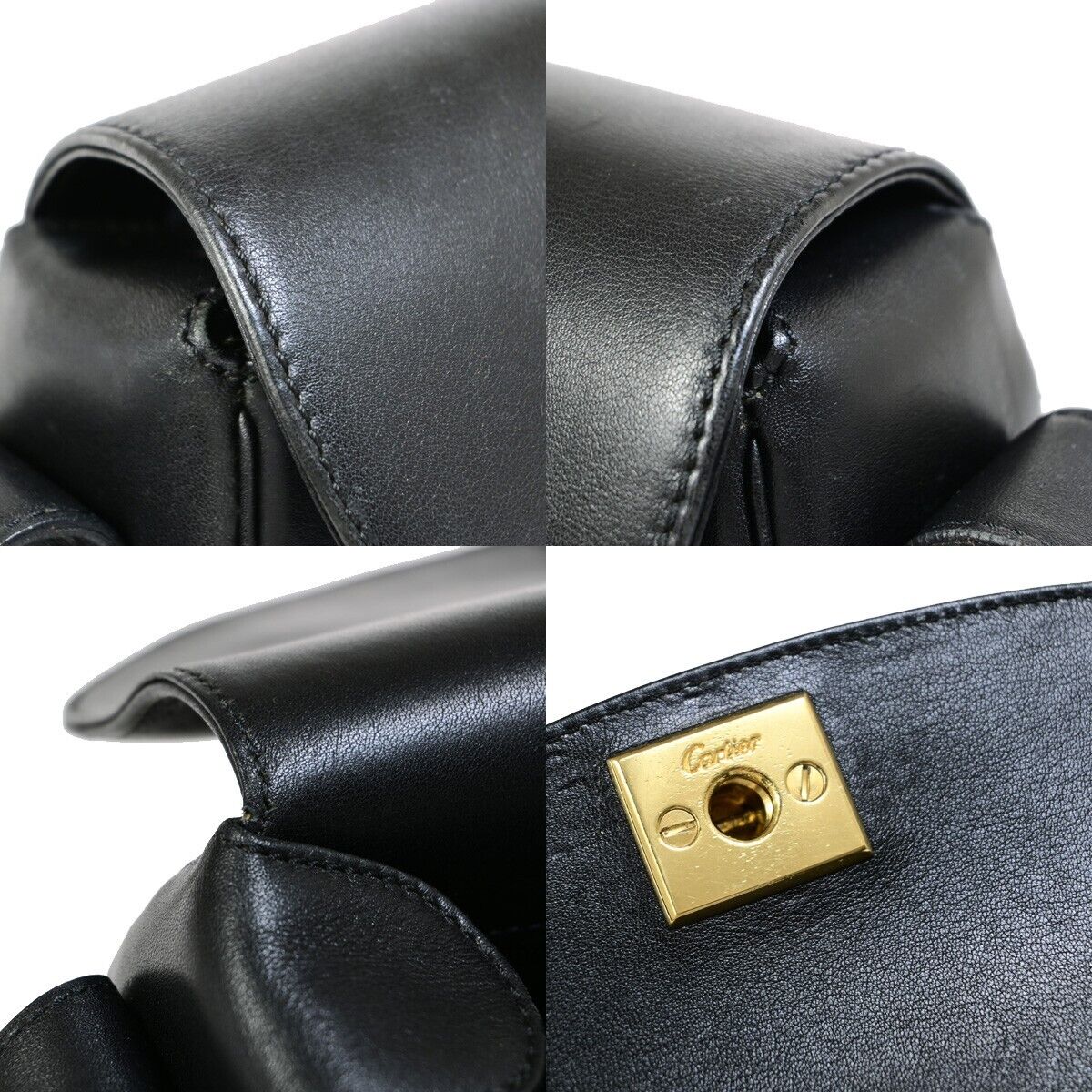 CARTIER Logo Panther Shoulder Bag Leather Black GHW Made in Italy 77EC368
