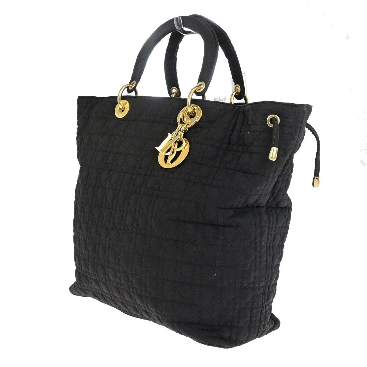 CHRISTIAN DIOR Logo Lady Cannage Hand Bag Canvas Leather Black GHW Italy 88EC943