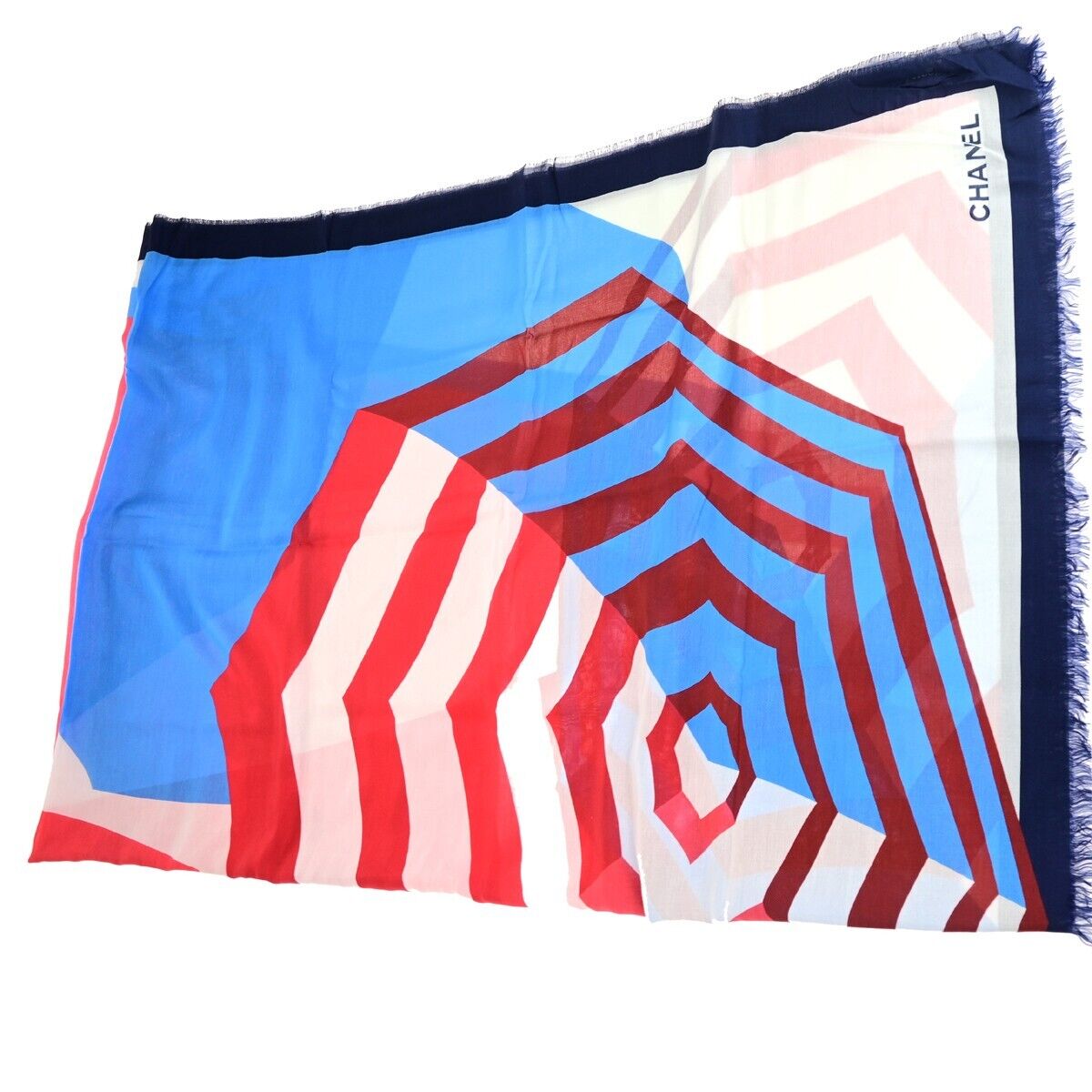 CHANEL CC Logo XL Scarf Cotton Silk Navy Blue Red Made In Italy 68KA319