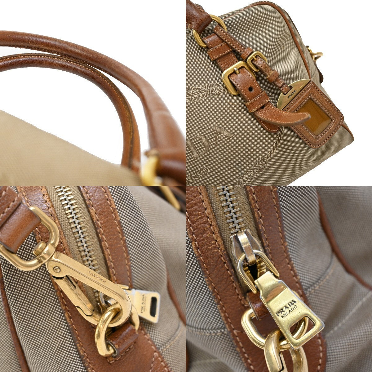 PRADA MILANO Logo Jacquard 2Way Shoulder Hand Bag Canvas Leather Brown 69EE318