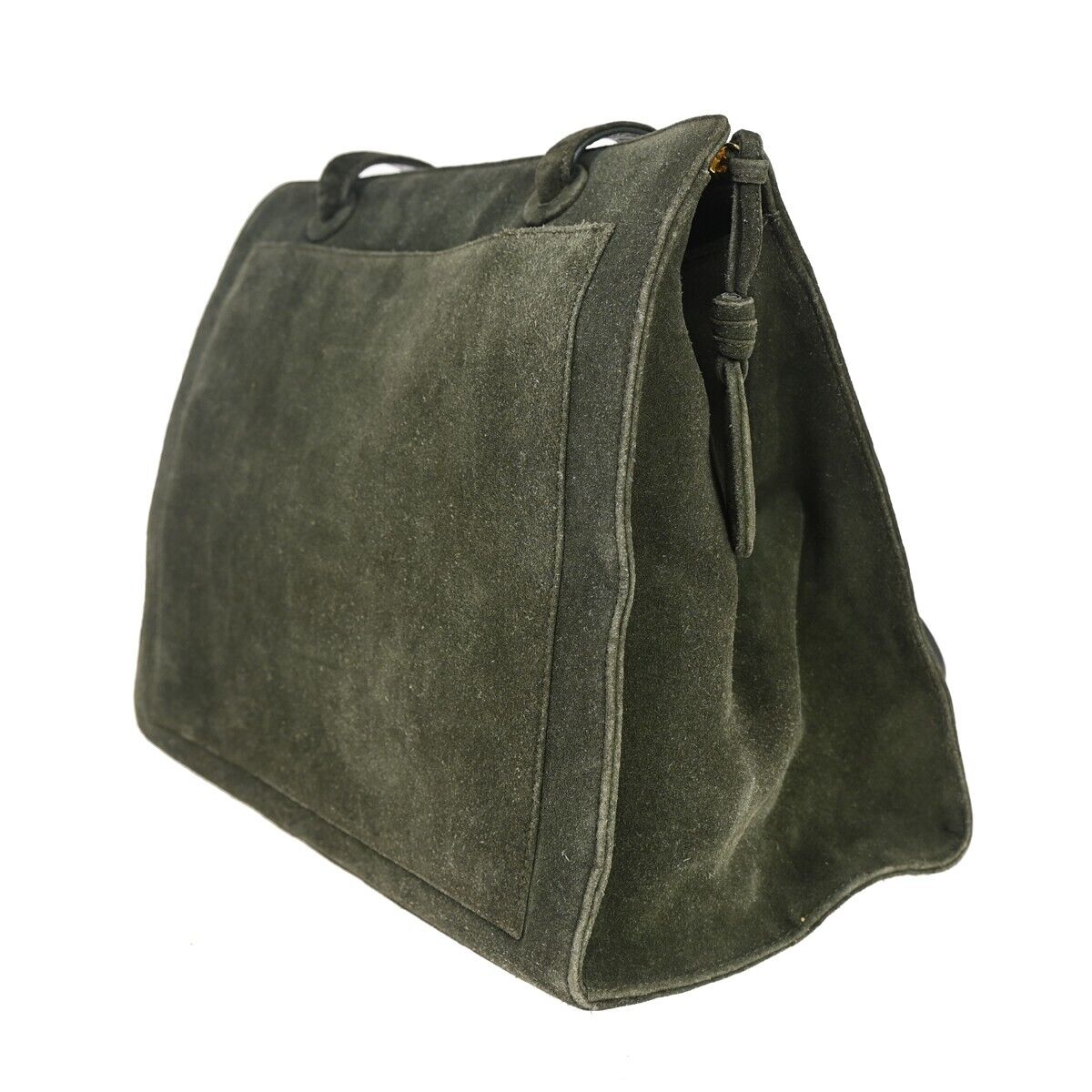 CHANEL CC Logo Shoulder Tote Bag Suede Skin Leather Khaki GHW Vintage 18HB212