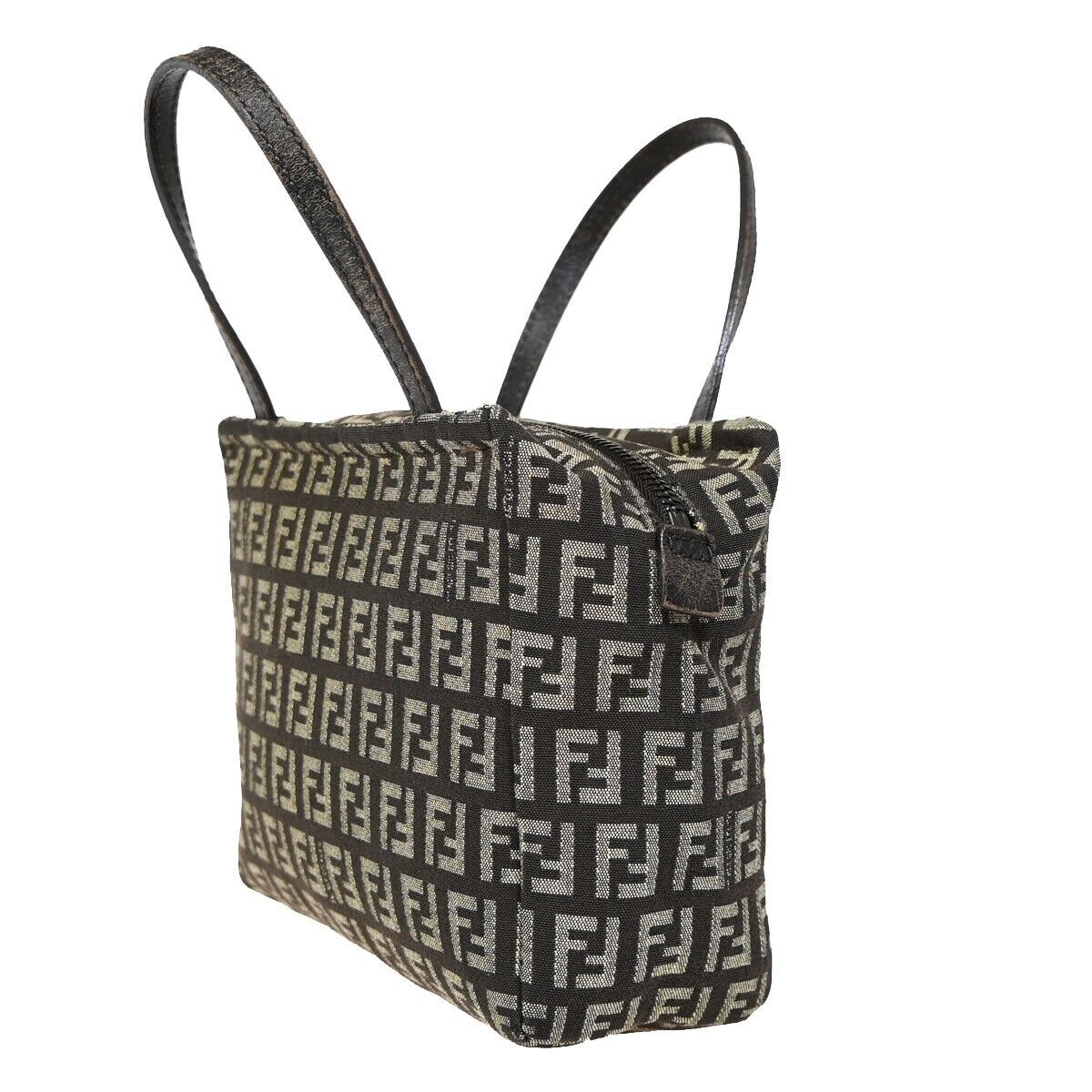 FENDI Logo Zucchino Mini Hand Bag Canvas Leather Brown Silver Italy 61HB935