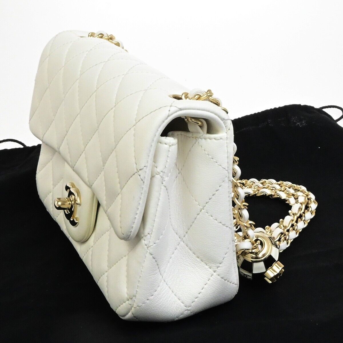 CHANEL CC Logo MatelasseFlap Chain Shoulder Bag Leather White GHW 892RF212