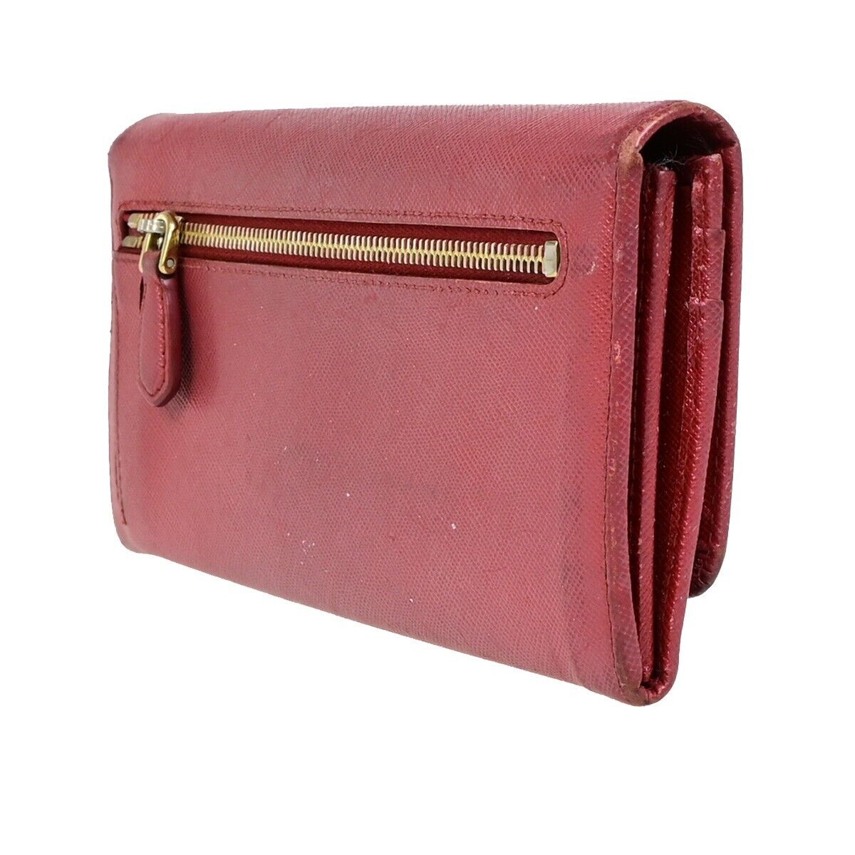 PRADA Logo Bifold Long Zipper Bifold Wallet Saffiano Leather Red Gold 03EB369