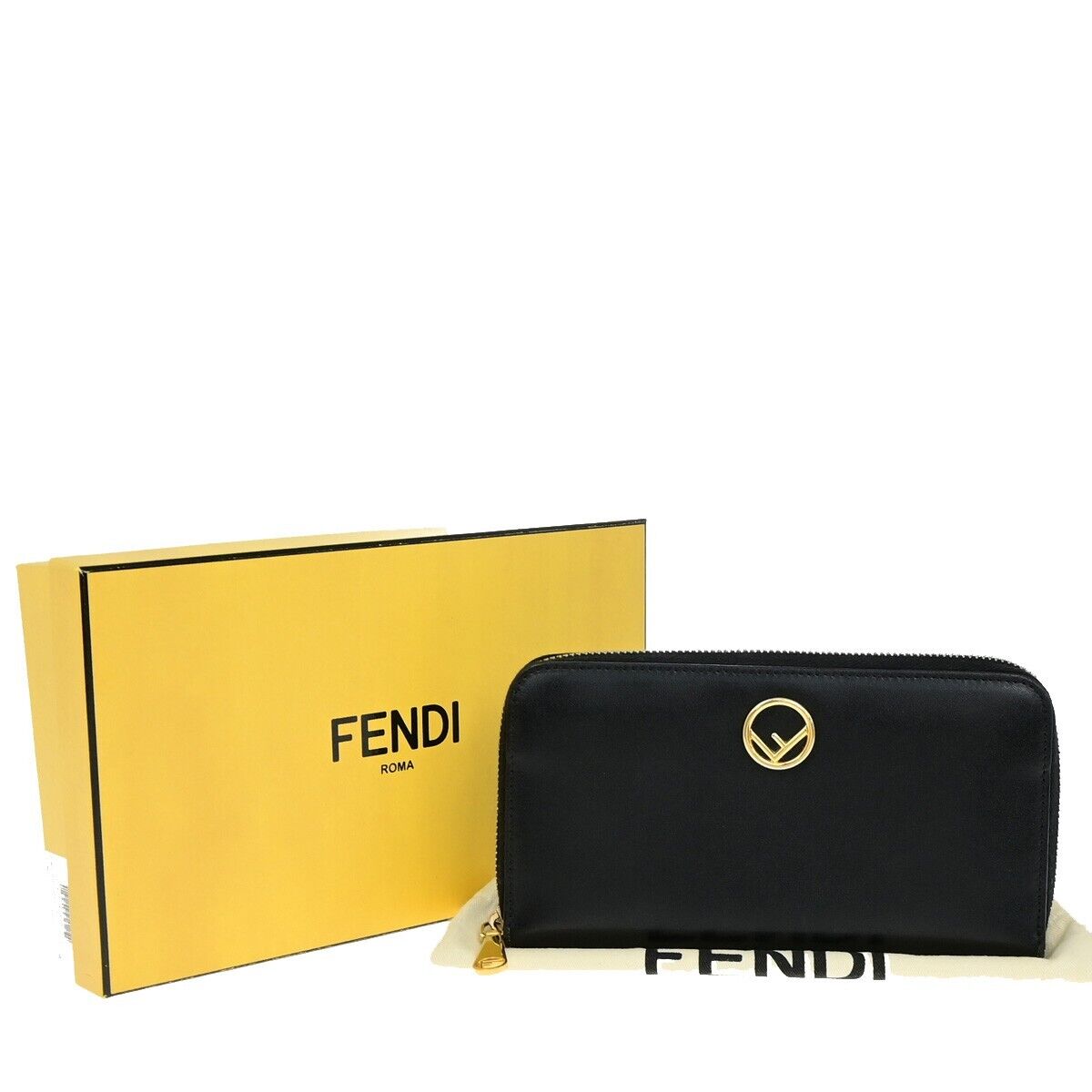 FENDI Logo Zipper Long Around Wallet Leather Black Italy 61EE083