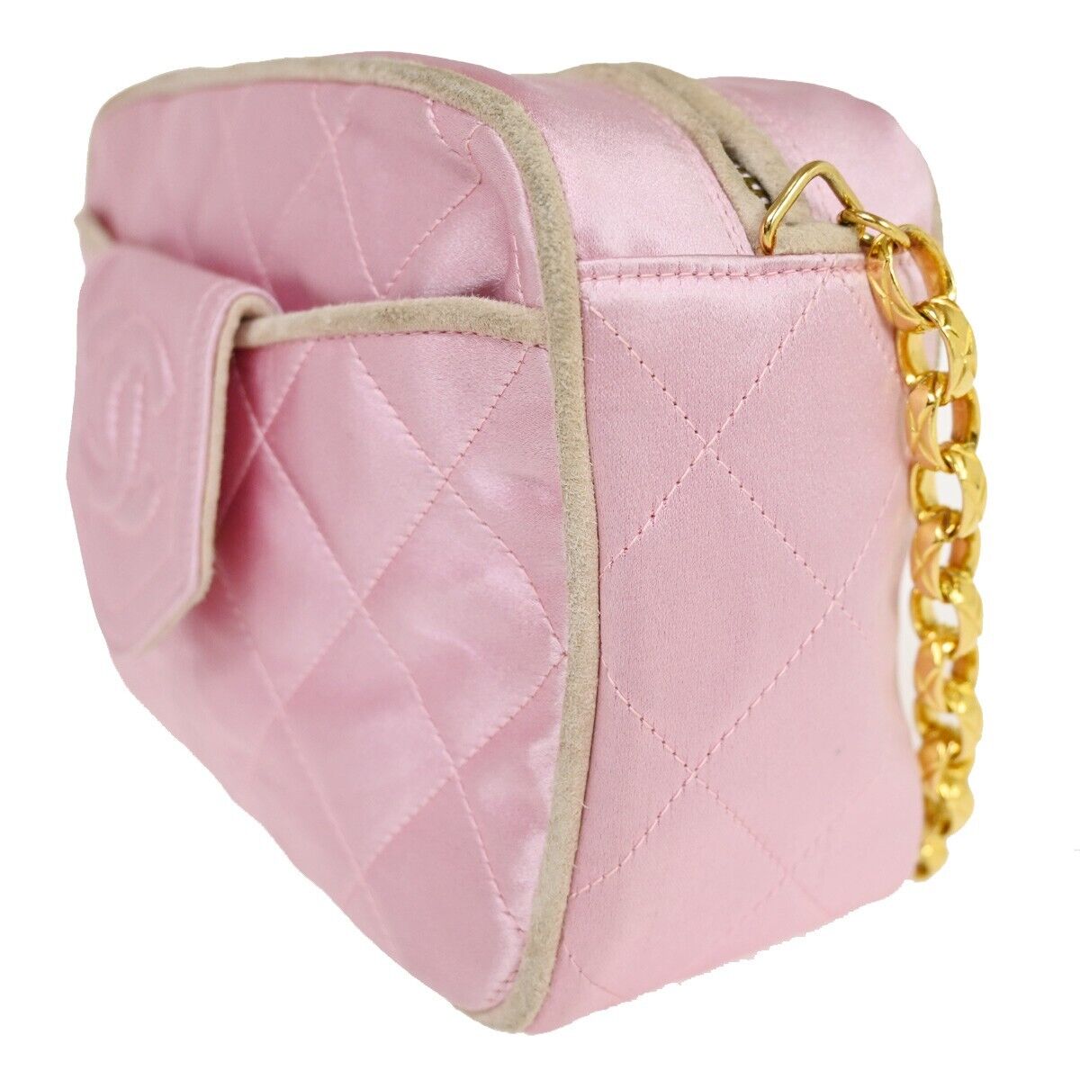 CHANEL CC Logo Mini Matelasse Tassel Chain Shoulder Bag Satin Pink GHW 696KA088