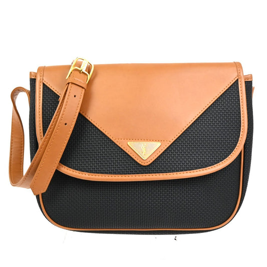 YVES SAINT LAURENT YSL Logo Shoulder Bag PVC Leather Black Brown GHW 33TA632