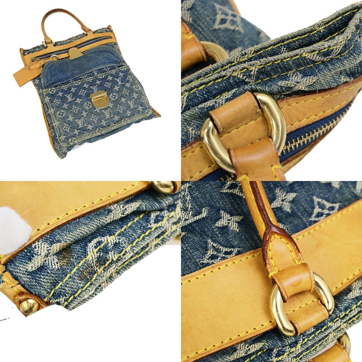 LOUIS VUITTON Flat Shopper Hand Bag Monogram Denim Leather Blue M95018 94EC948