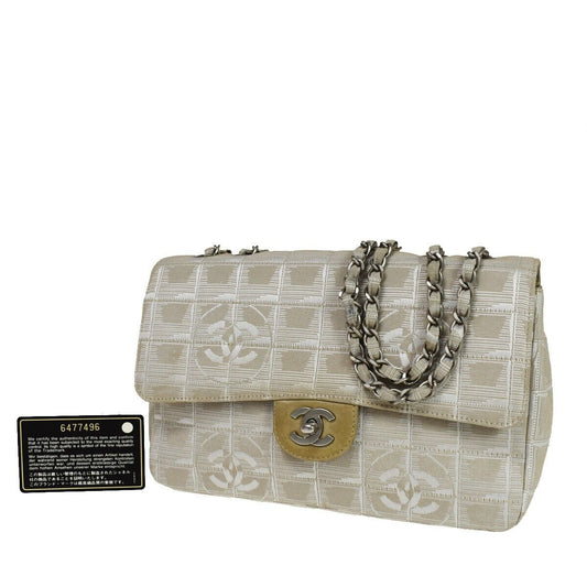 CHANEL CC New Travel Line Chain Shoulder Bag Jacquard Leather Beige 683RH753