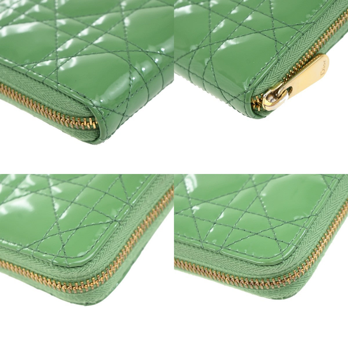 CHRISTIAN DIOR Logo Cannage Zip Around Long Wallet Patent Leather Green 36EG143
