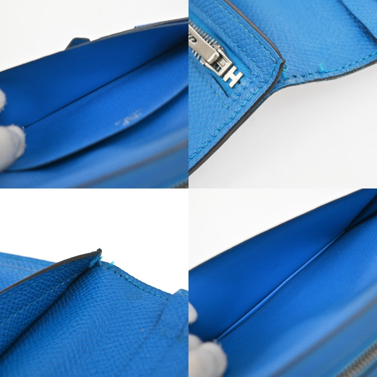 HERMES Logo Bearn Long Bifold Wallet Purse Epson Leather Blue SHW 65RQ023