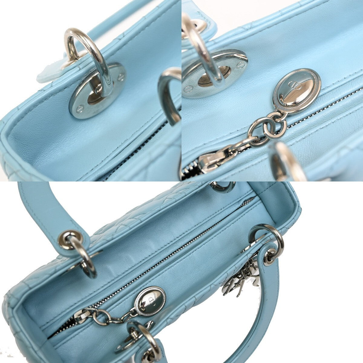 CHRISTIAN DIOR Logo Lady Cannage 2Way Shoulder Hand Bag Leather Blue 627RL153