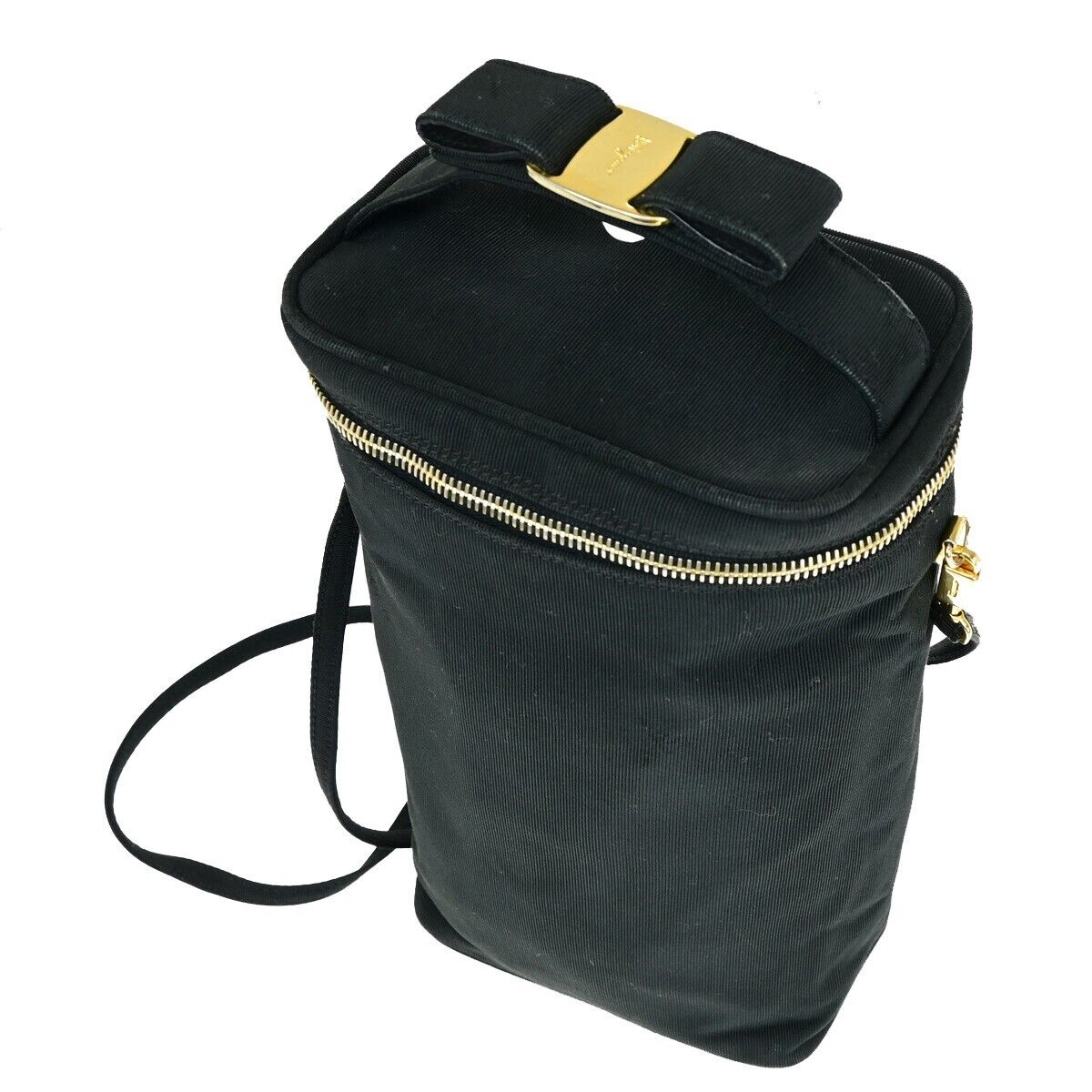 SALVATORE FERRAGAMO Vara Vanity Hand Shoulder Bag Canvas Leather Black 09KA255