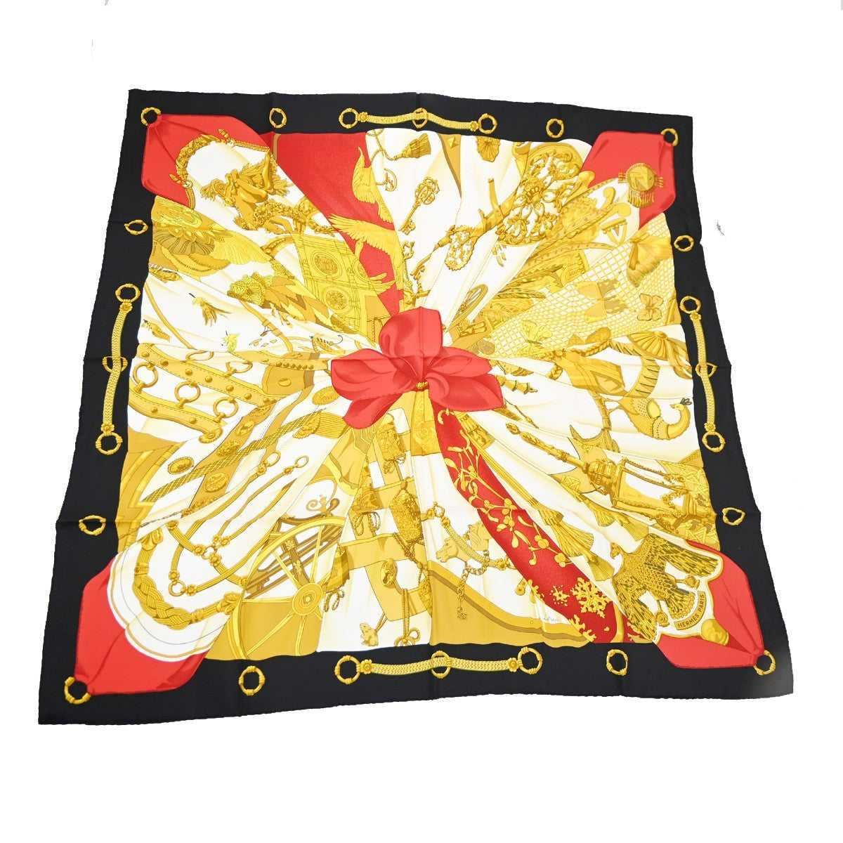 HERMES XL Carre Scarf Soleil de soie 100% Silk Black Gold Red France 69RL752