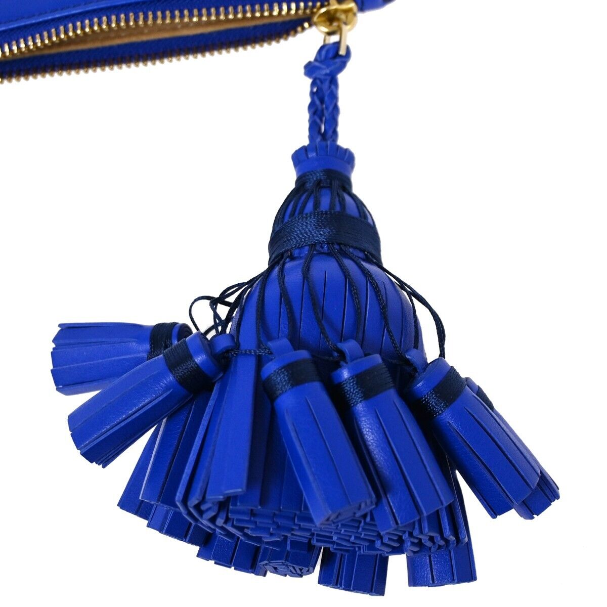 ANYA HINDMARCH Logo Smiley Wink Fringe Clutch Hand Bag Leather Blue 36HB218