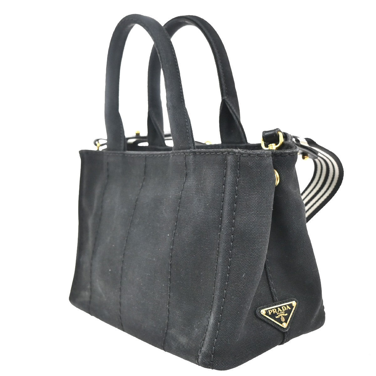 PRADA Logo Canapa 2way Shoulder Hand Bag Canvas Leather Black GHW 84MA216