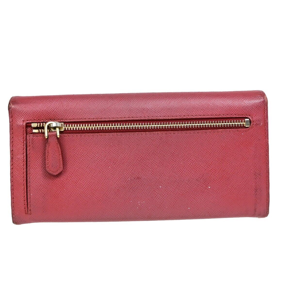 PRADA Logo Bifold Long Zipper Bifold Wallet Saffiano Leather Red Gold 03EB369