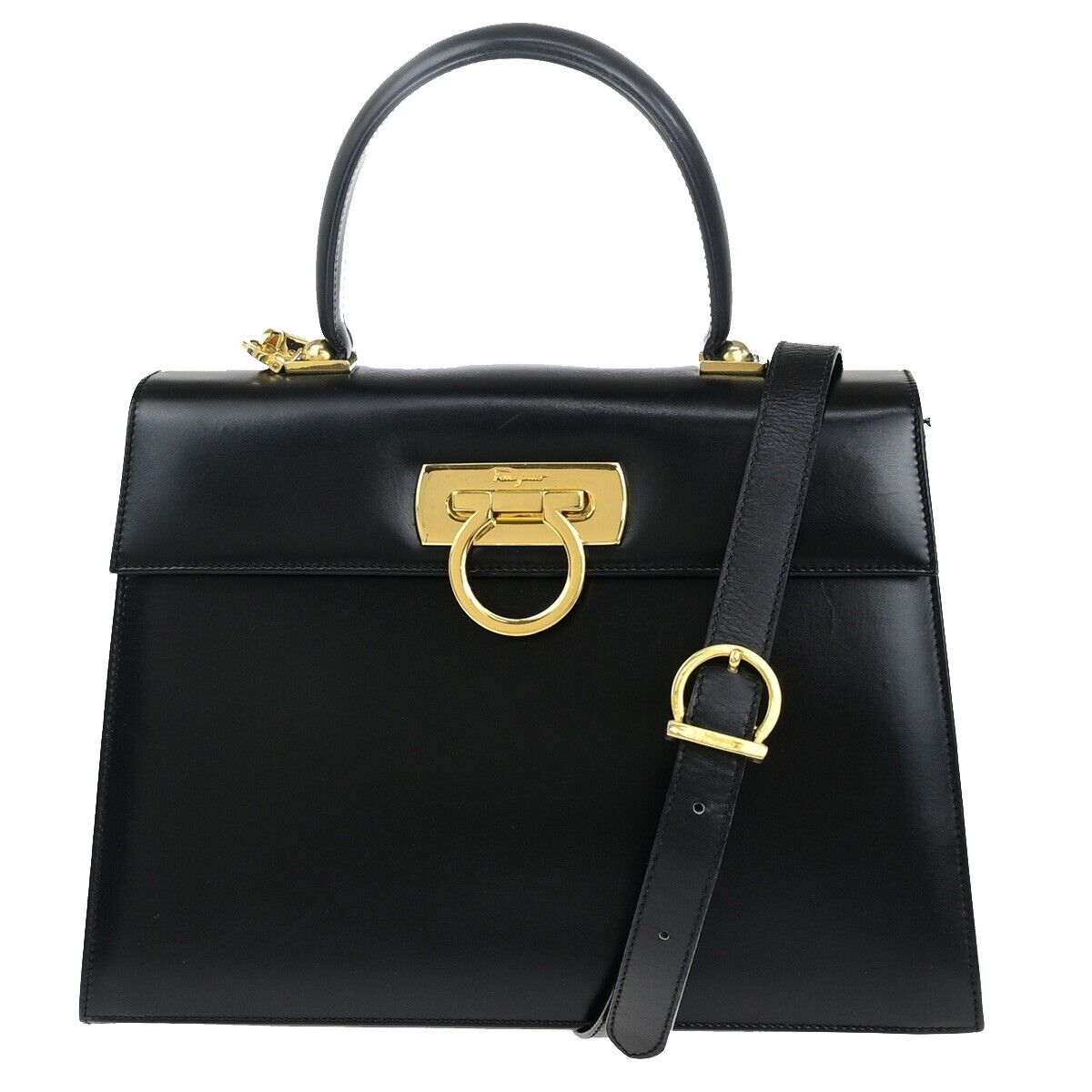 SALVATORE FERRAGAMO 2Way Gancini Shoulder Hand Bag Leather Black Gold 87EC640