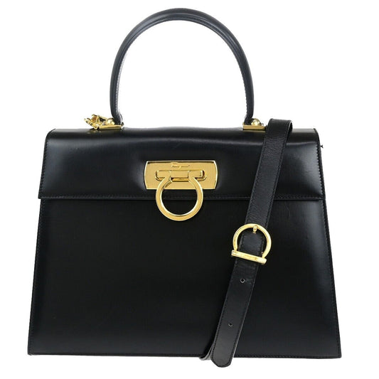 SALVATORE FERRAGAMO 2Way Gancini Shoulder Hand Bag Leather Black Gold 87EC640