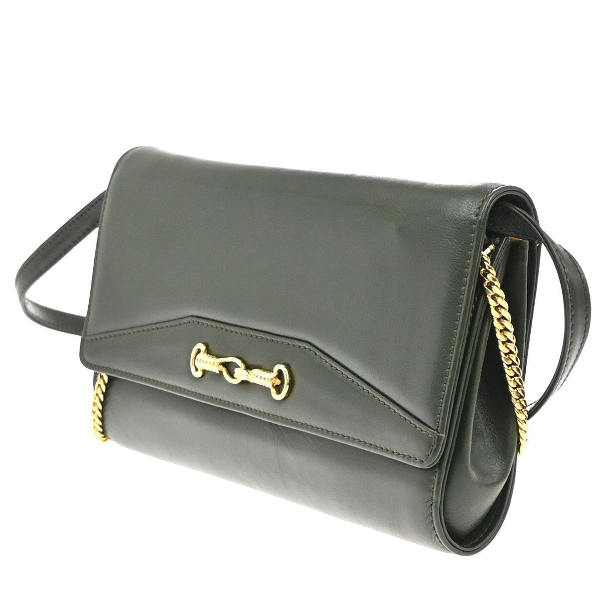 CELINE Logo 2Way Chain Shoulder Clutch Bag Leather Green GHW Italy 38KP439
